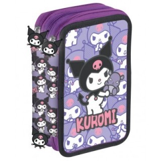 Plumier triple Kuromi con material escolar | Estuche 3 cremalleras