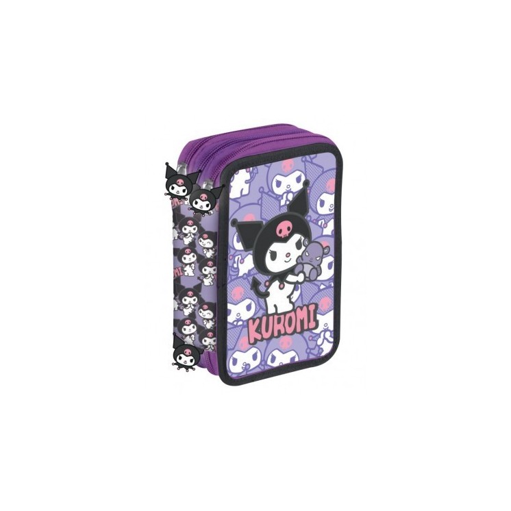 Plumier triple Kuromi con material escolar | Estuche 3 cremalleras