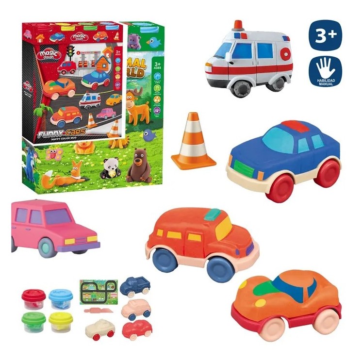 Set 4 Botes Plastilina con Accesorios Coches | Juego Creativo Infantil