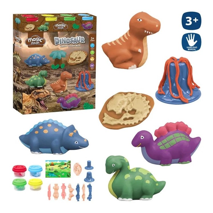 Set 4 Botes Plastilina con Accesorios Dino | Juego Creativo Infantil