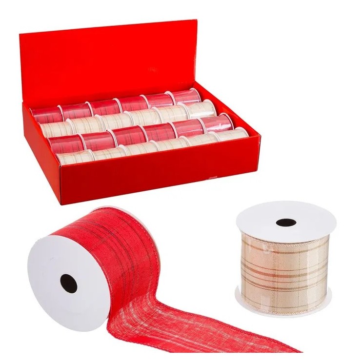 Rollo Cinta Lino Beige-Rojo 270x6,3 cm 2 Modelos | Decoración Navidad