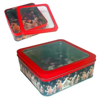 Caja Metal-PVC Papá Noel 17,5x17,5x6,5 cm | Decoración Navideña