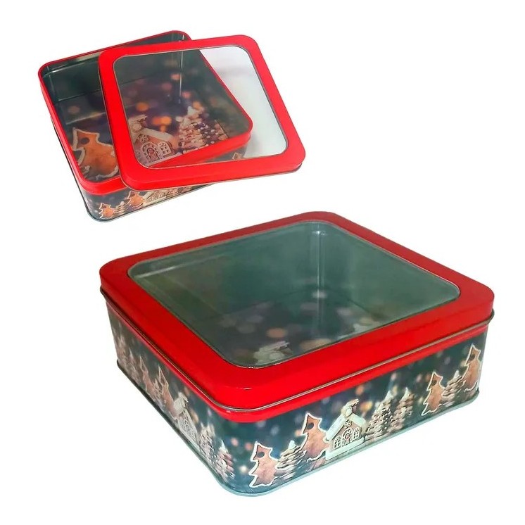Caja Metal-PVC Papá Noel 17,5x17,5x6,5 cm | Decoración Navideña