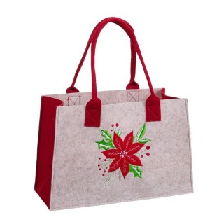 Bolso Poinsettia Fieltro Beige-Rojo 35x23x15 cm | Accesorio Navideño