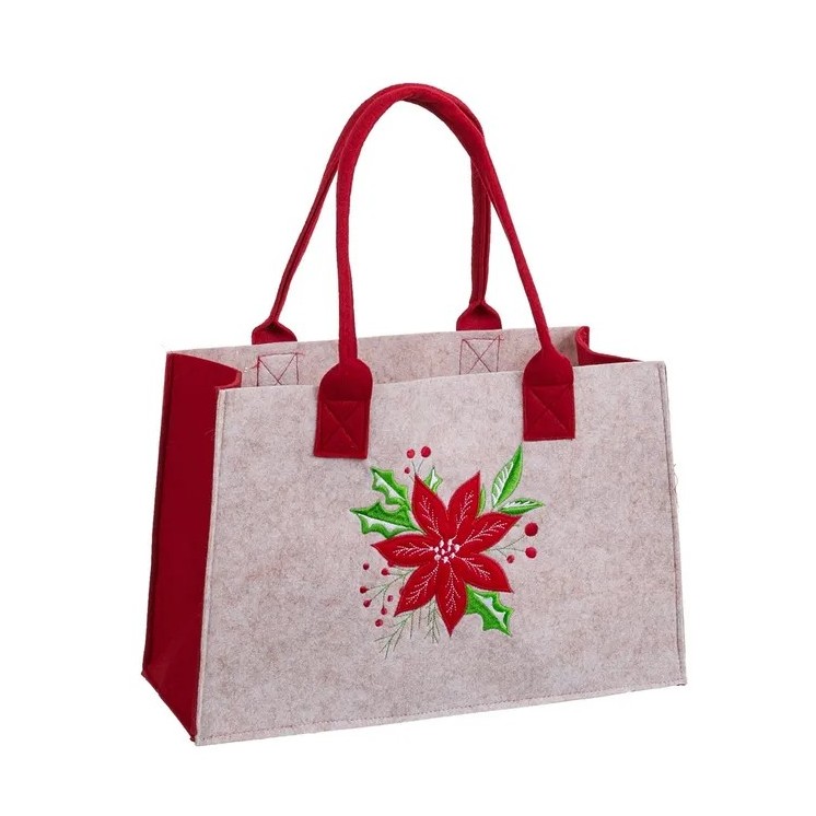 Bolso Poinsettia Fieltro Beige-Rojo 35x23x15 cm | Accesorio Navideño