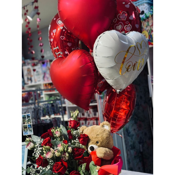 Caja Premium con rosas, peluche y globos en La Orotava