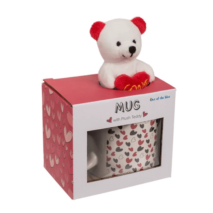 Taza Blanca con Corazones y Oso Teddy – Regalo San Valentín