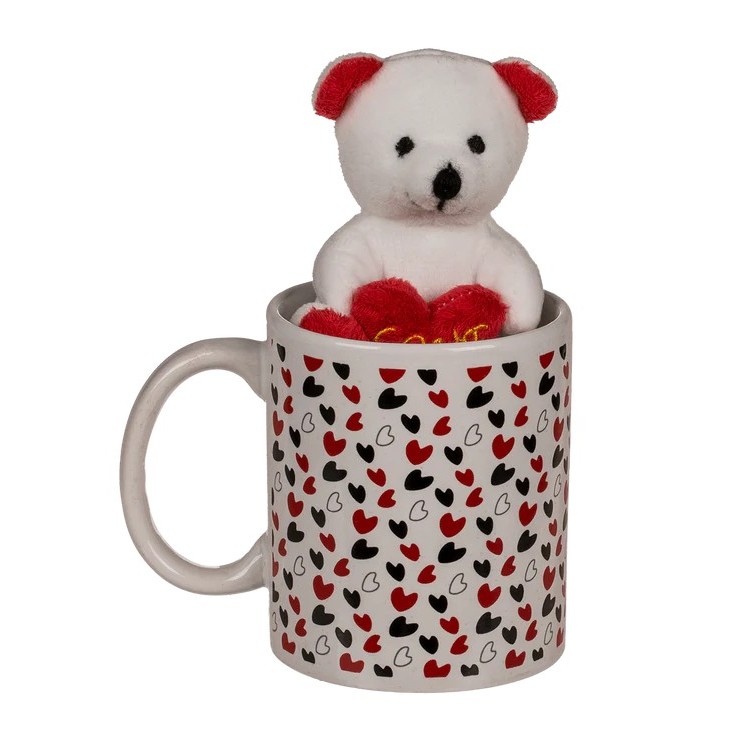 Taza Blanca con Corazones y Oso Teddy – Regalo San Valentín