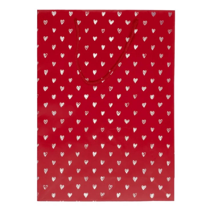 Bolsa de Papel de Regalo Roja con Corazones Brillantes – 25x8,5x34 cm