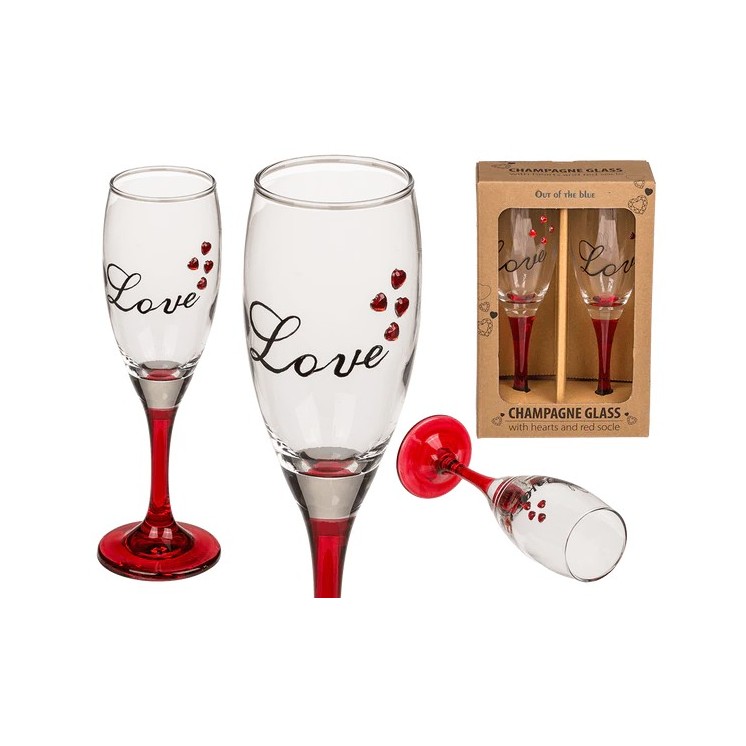 Copa de Champán con Corazón y Base Roja | Set de 2 Copas | 5 x 20 cm