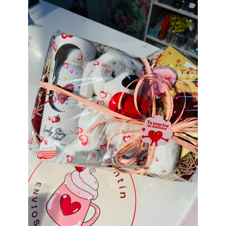 Cesta romántica con botella térmica y peluche. El regalo perfecto para sorprender a tu pareja en Enamorados, aniversarios y ocas