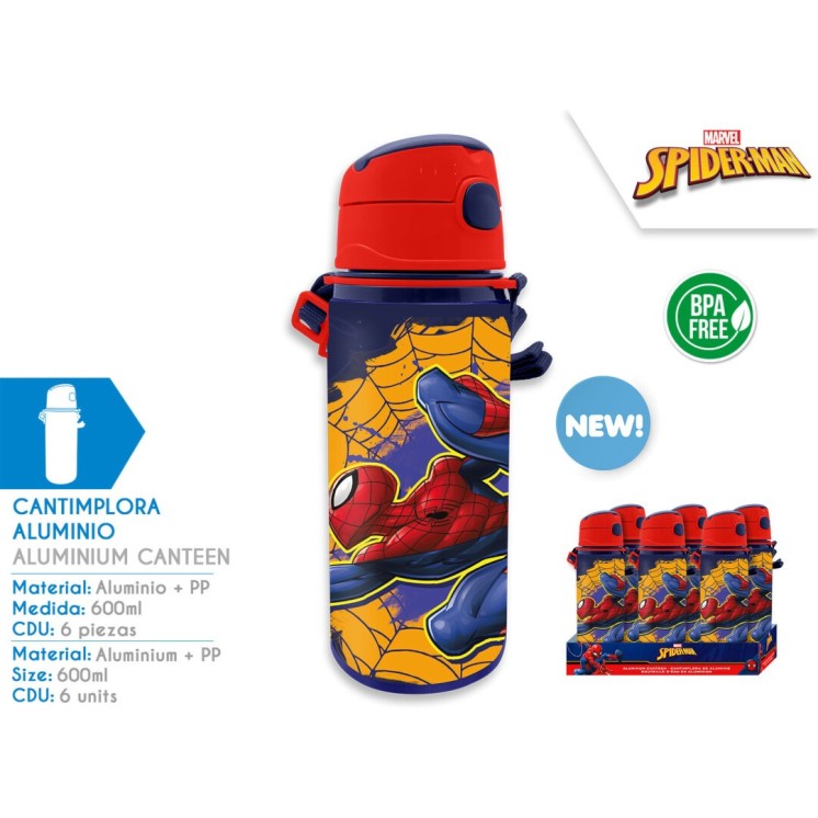 Botella de Aluminio 600 ml con Asa | Diseño Spiderman