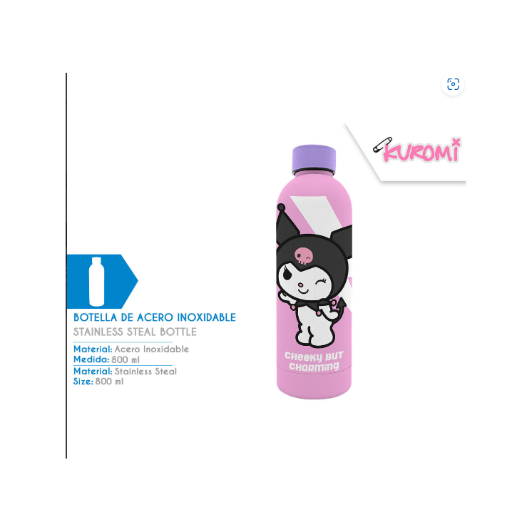 Cantimplora tacto suave acero inoxidable 800ml Kuromi | Accesorio Estiloso y Funcional